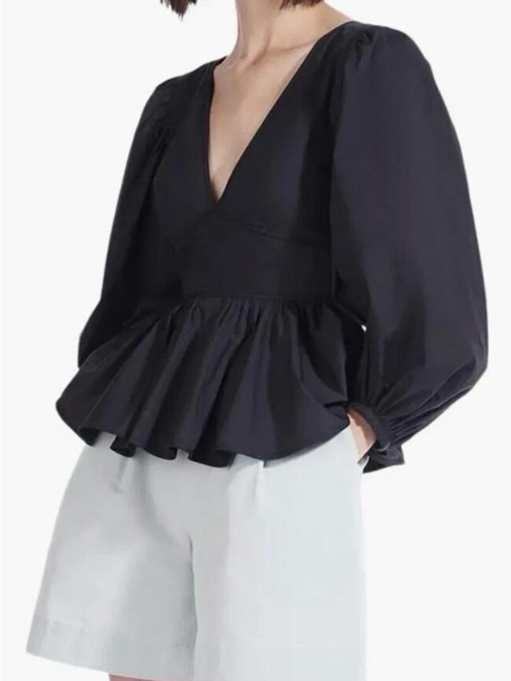 STAUD V-Neck Black Peplum Long-Sleeve Top- size 8